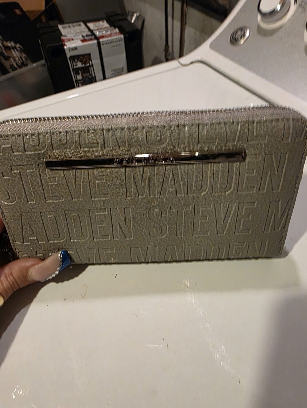 Steve Madden Light Beige Embossed Zip-Around Wallet